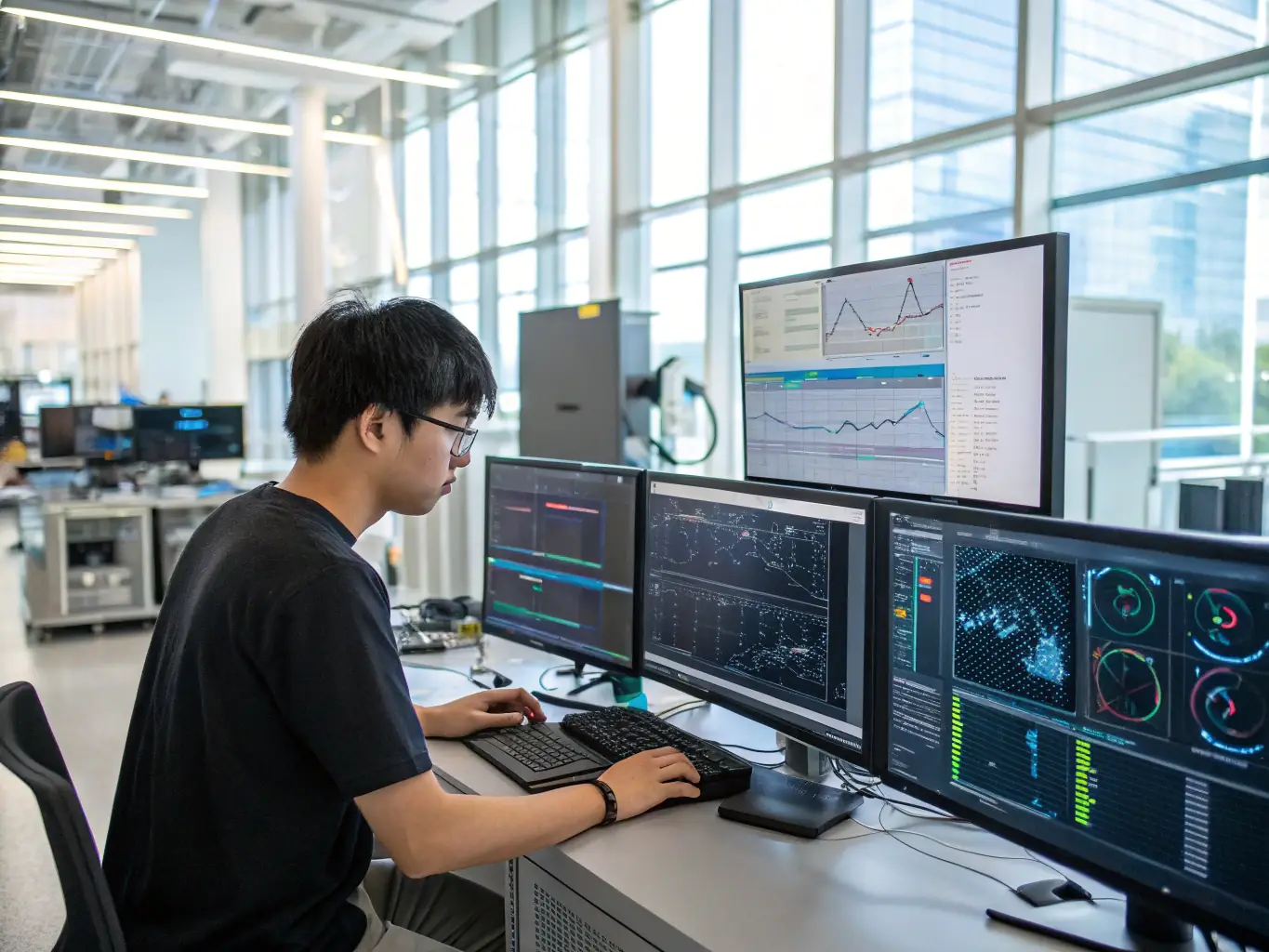 A student analyzing data sets on a computer with charts and code snippets displayed, in a collaborative learning environment.