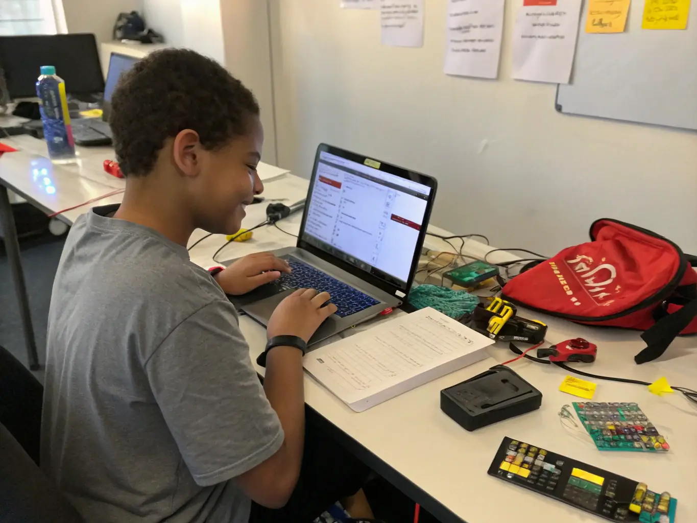A student working on a responsive website on a laptop, with code editors and design sketches visible, in a modern classroom setting.