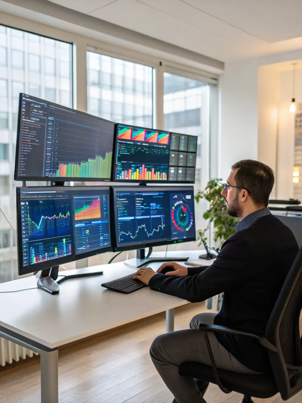 A data scientist analyzing complex datasets on a large monitor, with visualizations and statistical models displayed, representing the analytical skills learned in the Data Science Bootcamp.