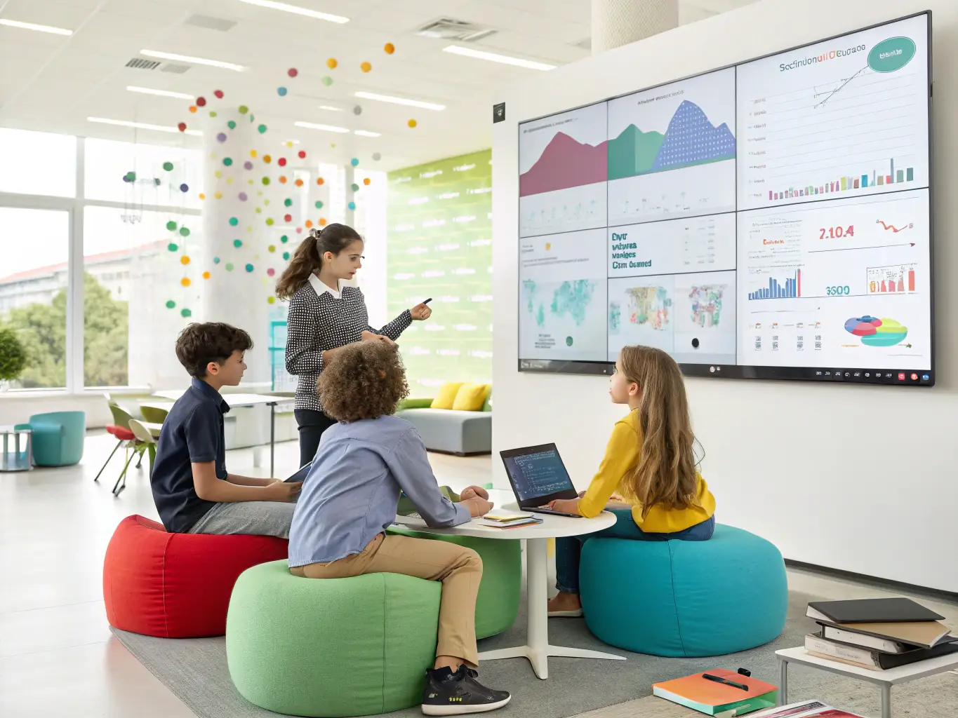 A group of students are analyzing data visualizations on a large screen during a data science bootcamp. The setting is a modern classroom with collaborative workstations.