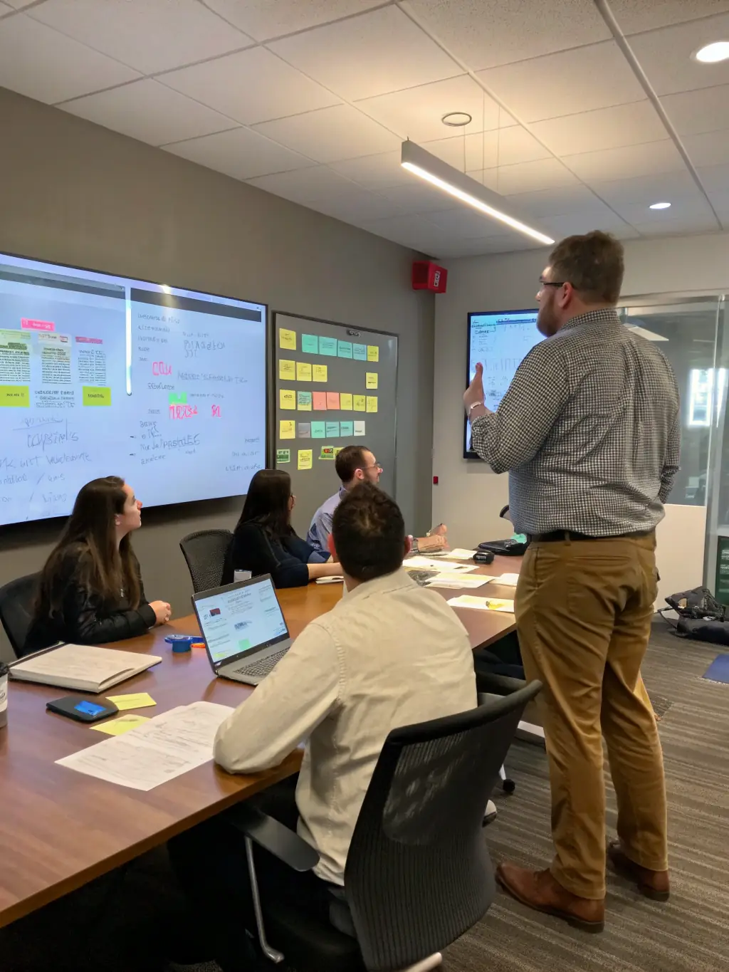 A project manager leading a team discussion in a bright, modern office, emphasizing the importance of project management skills in tech careers.