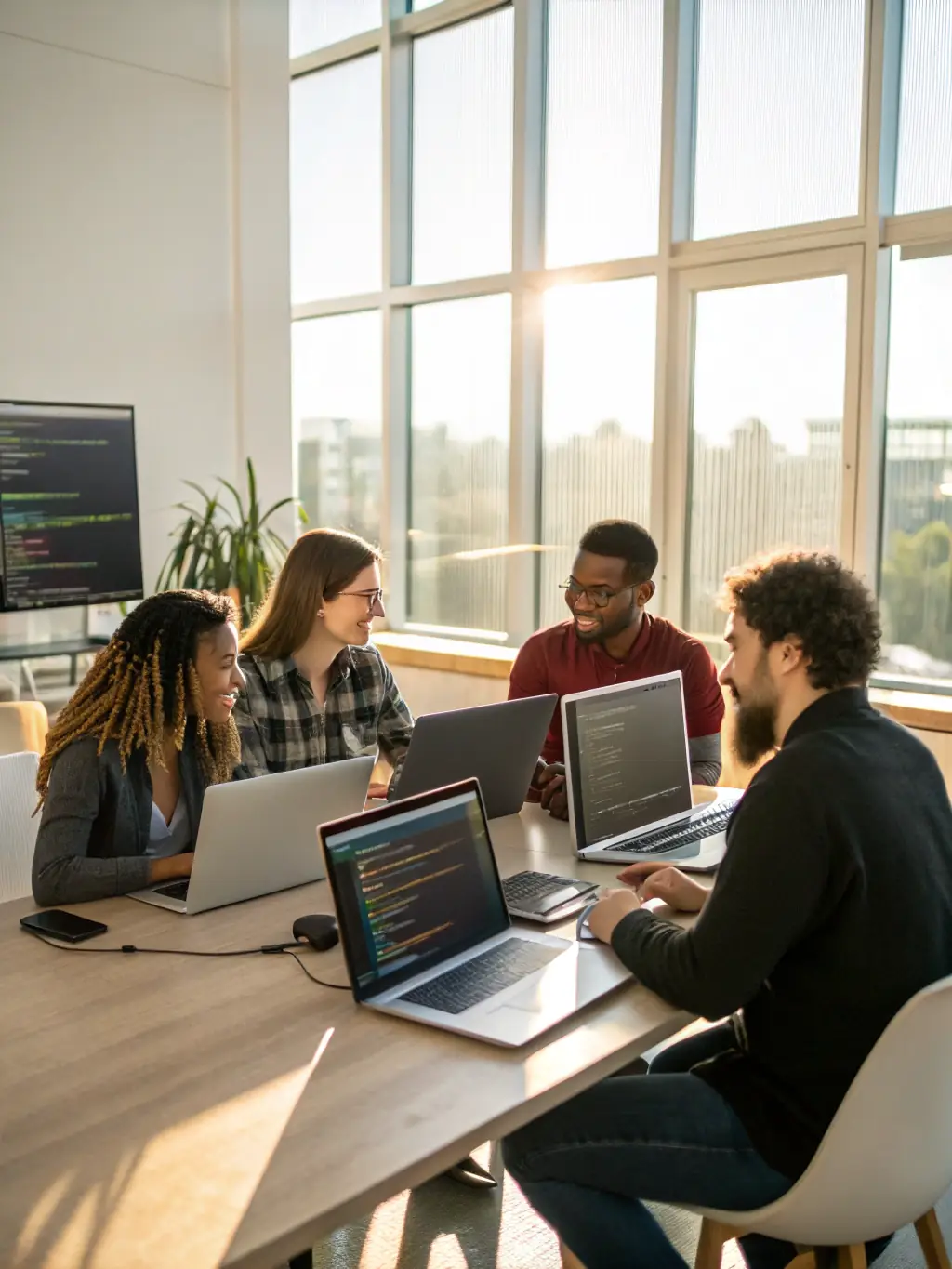 A diverse group of software developers collaborating on a project in a modern, open-concept office space in downtown Toronto, reflecting the collaborative nature of web development careers.