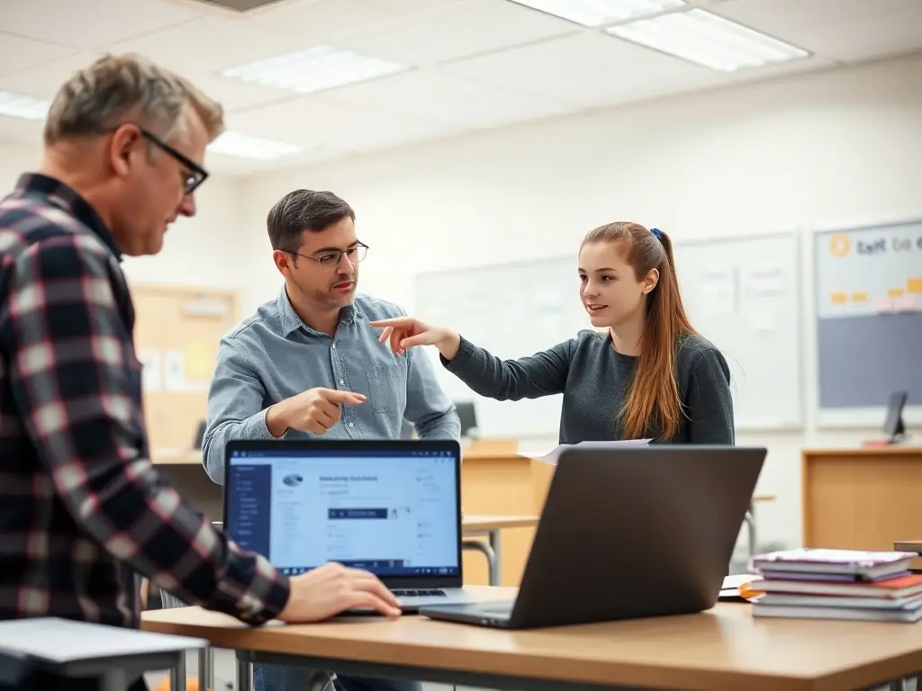 A student is coding at a computer during a web development bootcamp session. The atmosphere is collaborative and focused, with instructors providing guidance.