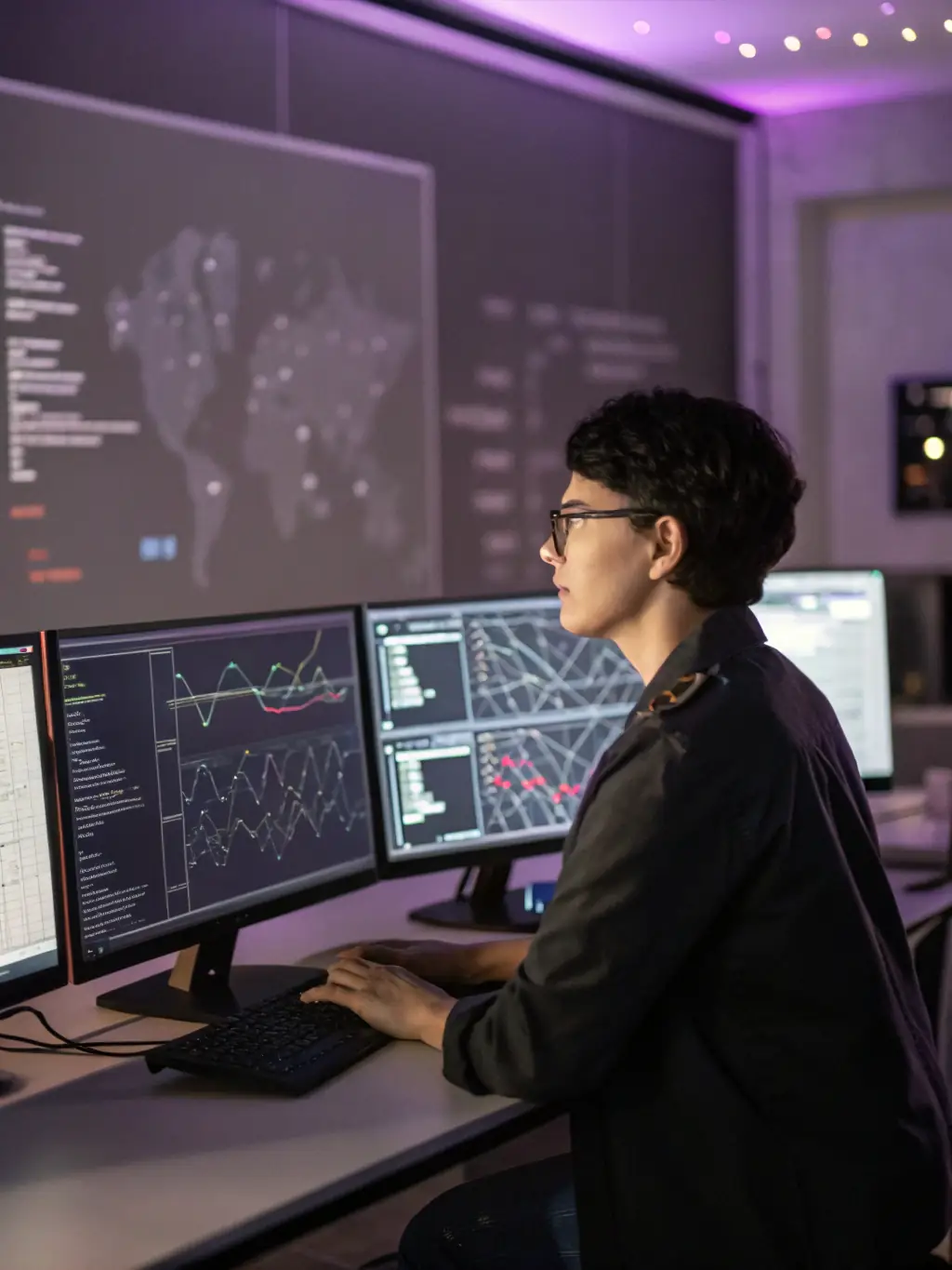 A cybersecurity expert working at a computer, analyzing network traffic and identifying potential threats, highlighting the growing demand for cybersecurity professionals.